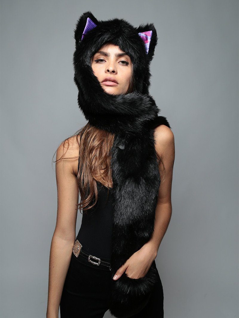 Woman wearing Limited Edition Black Wolf Purple Haze Faux Fur SpiritHood, front view 1