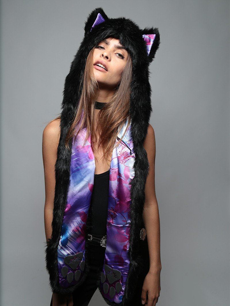 Woman wearing Limited Edition Black Wolf Purple Haze Faux Fur SpiritHood