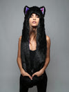 Woman wearing Limited Edition Black Wolf Purple Haze Faux Fur SpiritHood, front view 3