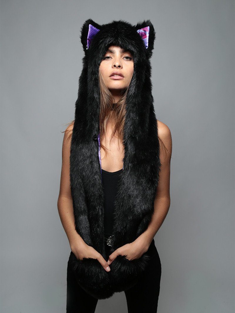 Woman wearing Limited Edition Black Wolf Purple Haze Faux Fur SpiritHood, front view 3