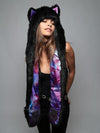 Woman wearing Limited Edition Black Wolf Purple Haze Faux Fur SpiritHood, front view 2