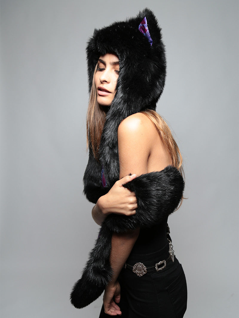 Woman wearing Limited Edition Black Wolf Purple Haze Faux Fur SpiritHood, side view