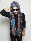 Man wearing faux fur Blue Jay Collectors Edition SpiritHood, front view 1