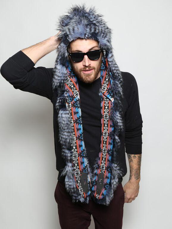 Man wearing faux fur Blue Jay Collectors Edition SpiritHood, front view 1