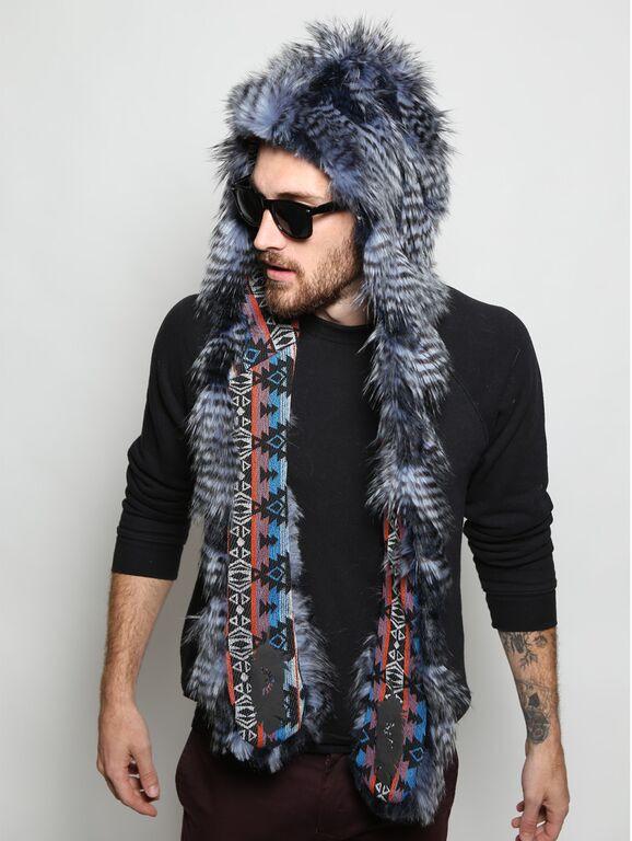 Man wearing faux fur Blue Jay Collectors Edition SpiritHood, side view 1