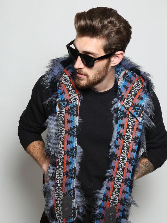 Man wearing faux fur Blue Jay Collectors Edition SpiritHood, front view 2