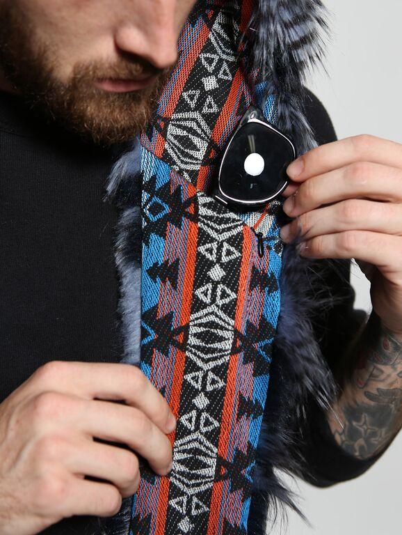 Man wearing faux fur Blue Jay Collectors Edition SpiritHood, front view 3