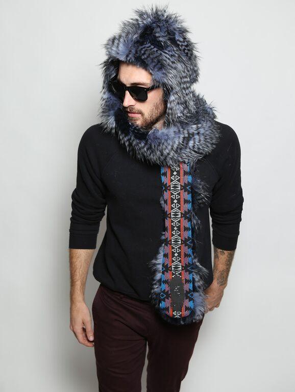 Man wearing faux fur Blue Jay Collectors Edition SpiritHood, front view 4
