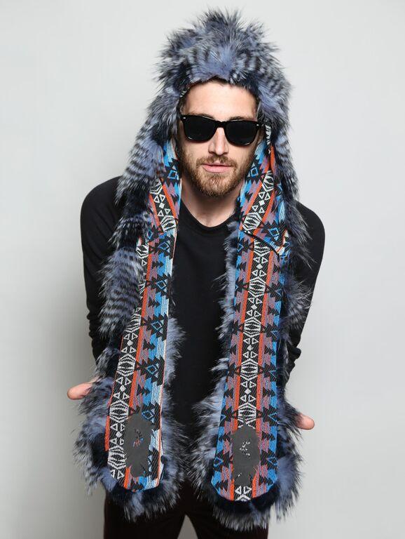 Man wearing faux fur Blue Jay Collectors Edition SpiritHood, front view 5