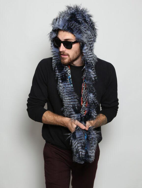 Man wearing faux fur Blue Jay Collectors Edition SpiritHood, front view 6