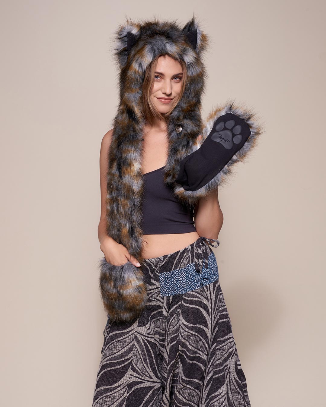 Woman wearing Brindle Wolf Collector Edition Faux Fur Hood, front view 1