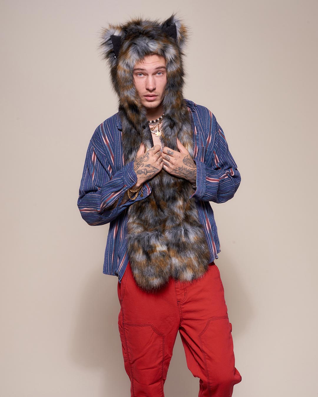 Man wearing Brindle Wolf Collector Edition Faux Fur Hood, front view 3
