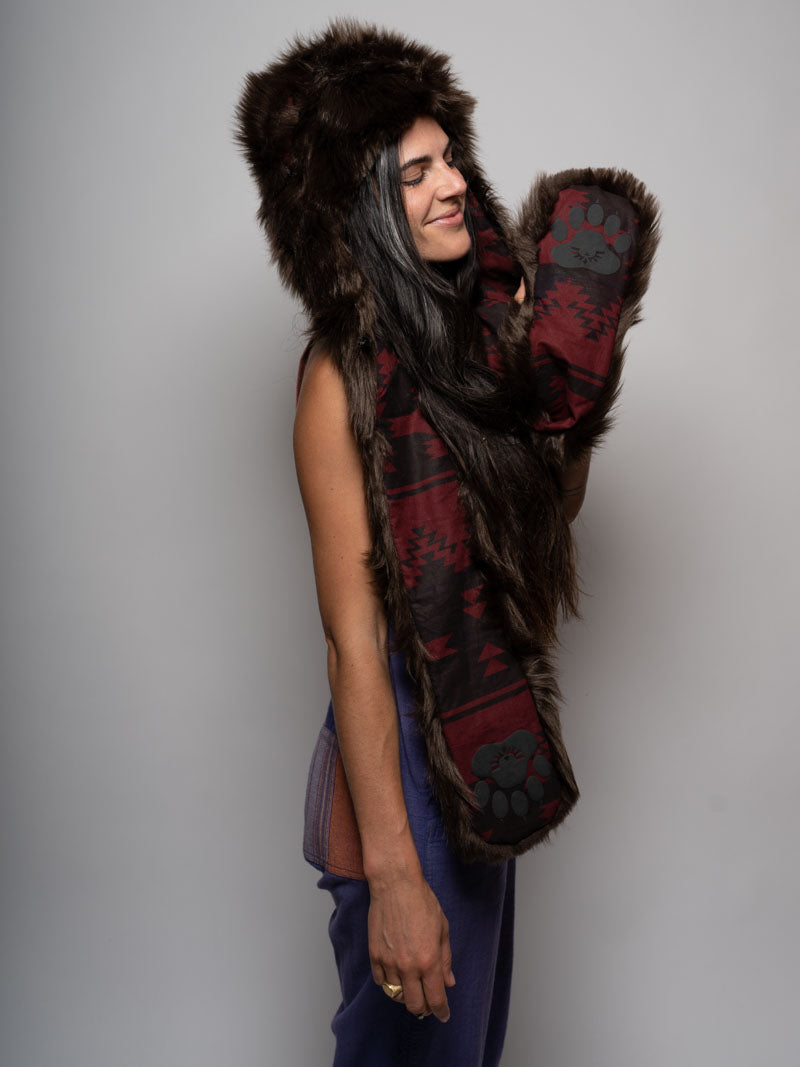 Woman wearing Faux Fur Brown Bear SpiritHood, side view