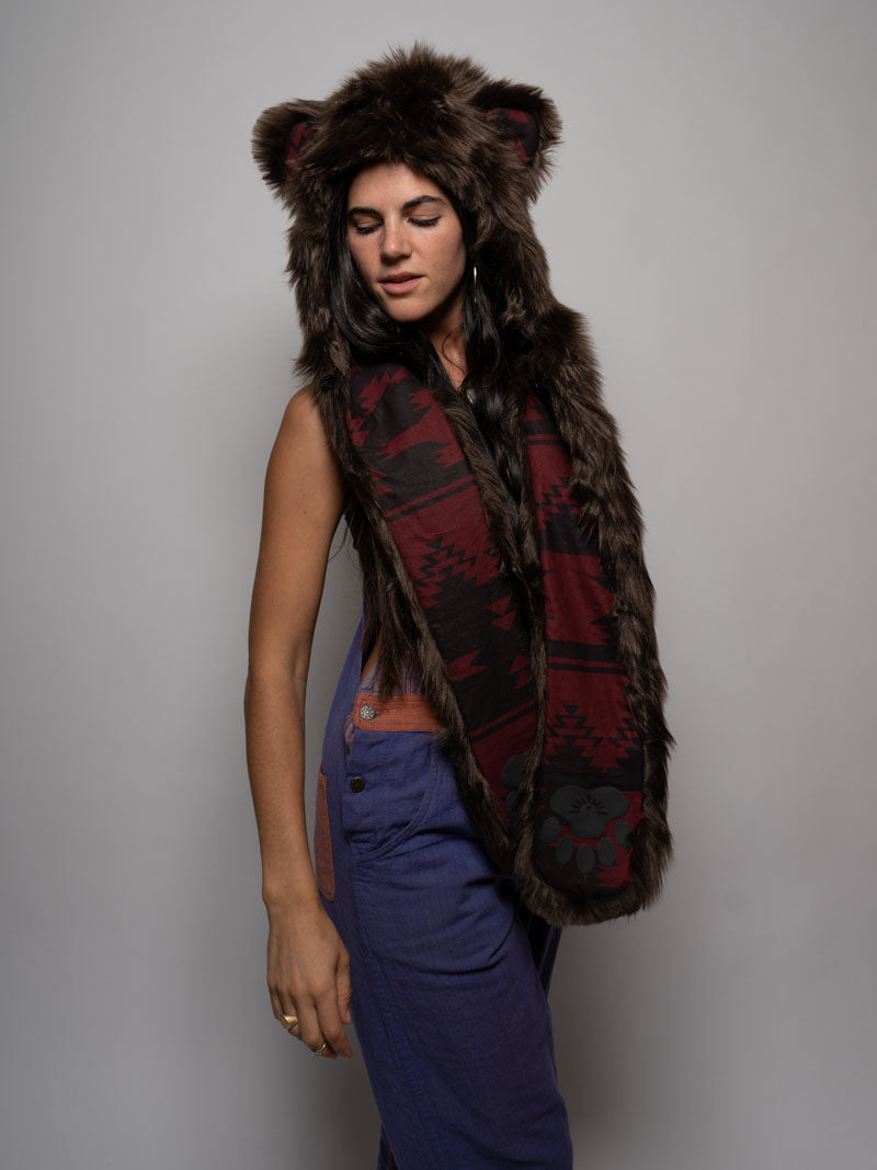 Woman wearing Faux Fur Brown Bear SpiritHood, side view 3