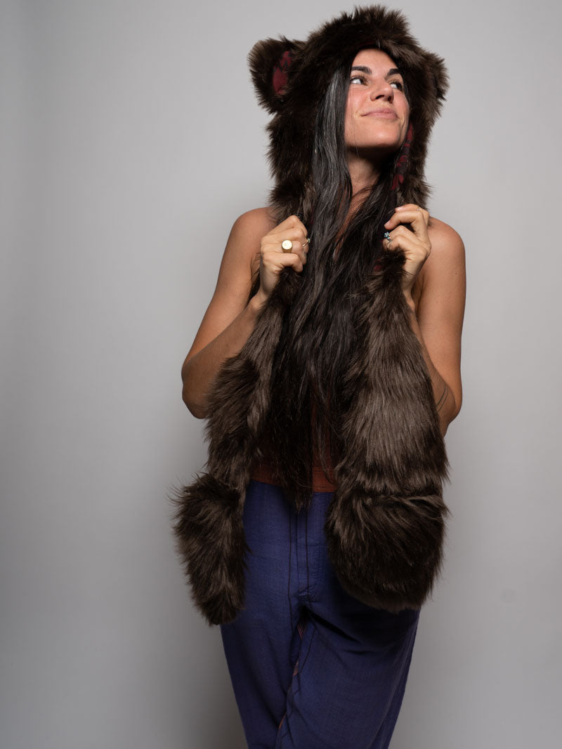 Woman wearing Faux Fur Brown Bear SpiritHood, front view