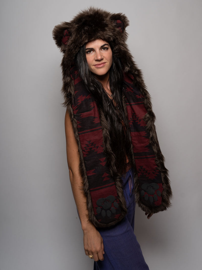 Woman wearing Faux Fur Brown Bear SpiritHood, side view 1