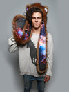 Man wearing faux fur Golden Galaxy Bear Collector SpiritHood, front view 1