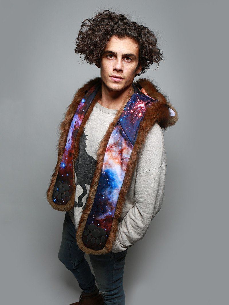 Man wearing faux fur Golden Galaxy Bear Collector SpiritHood, side view 