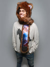 Man wearing faux fur Golden Galaxy Bear Collector SpiritHood, side view 1