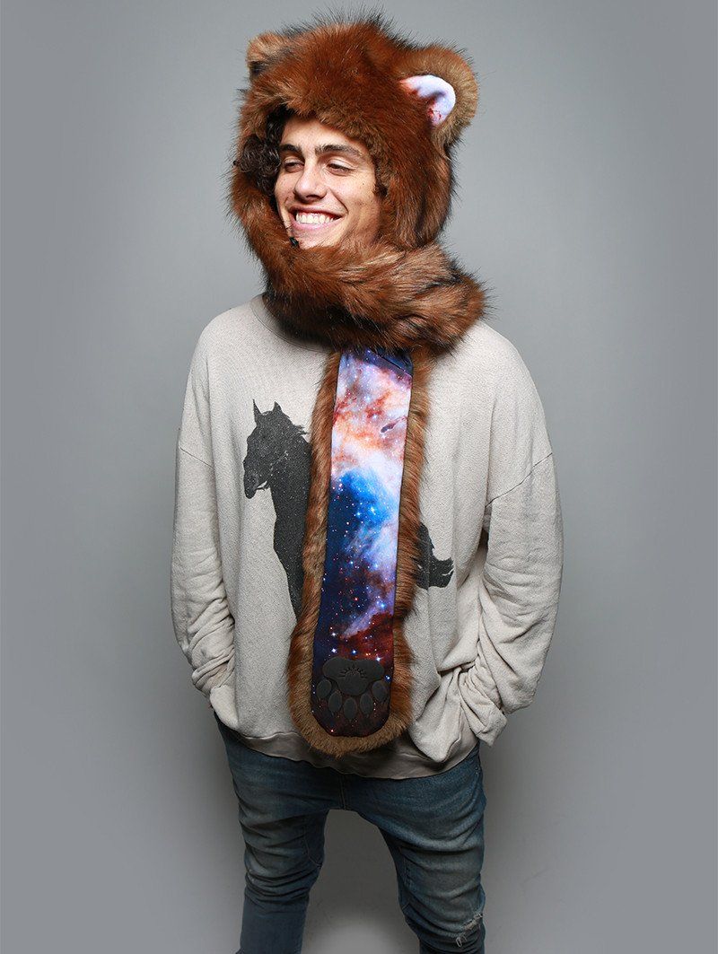 Man wearing faux fur Golden Galaxy Bear Collector SpiritHood, side view 1