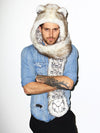 Man wearing faux fur Brown Husky SpiritHood, front view 1