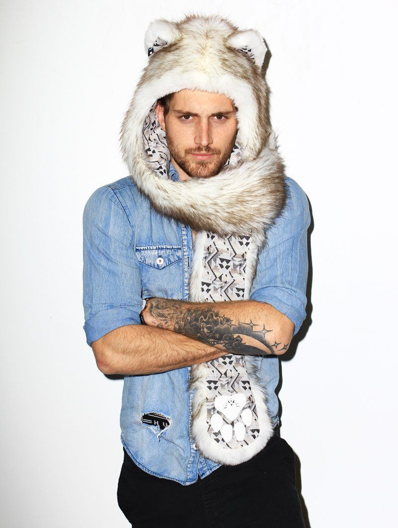 Man wearing faux fur Brown Husky SpiritHood, front view 1