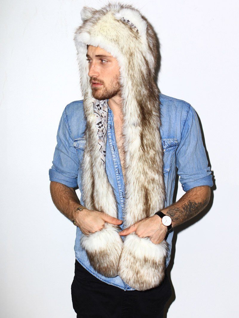 Man wearing faux fur Brown Husky SpiritHood, side view 1