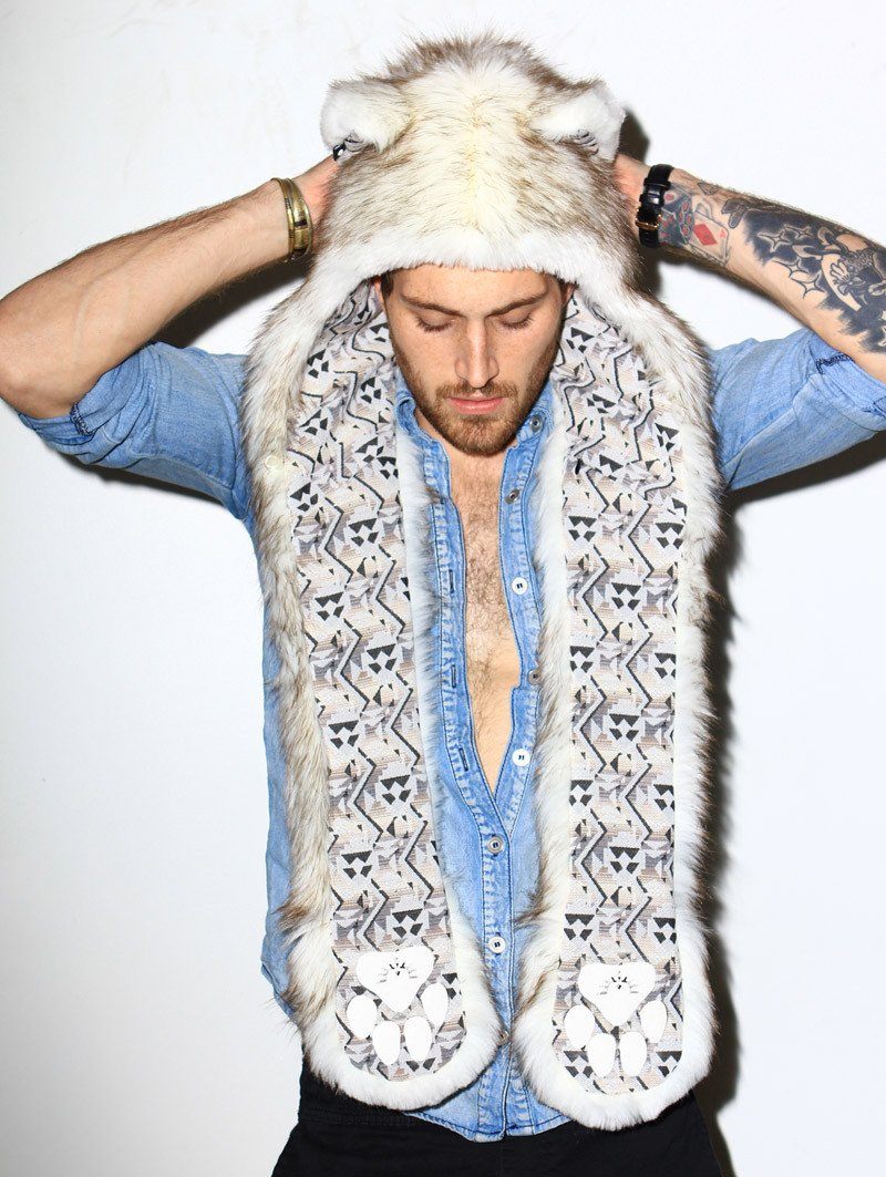 Man wearing faux fur Brown Husky SpiritHood, front view 4