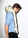 Man wearing faux fur Brown Husky SpiritHood, side view 2