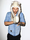 Man wearing faux fur Brown Husky SpiritHood, front view 5