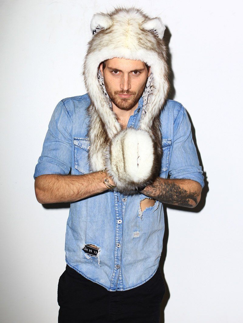 Man wearing faux fur Brown Husky SpiritHood, front view 5