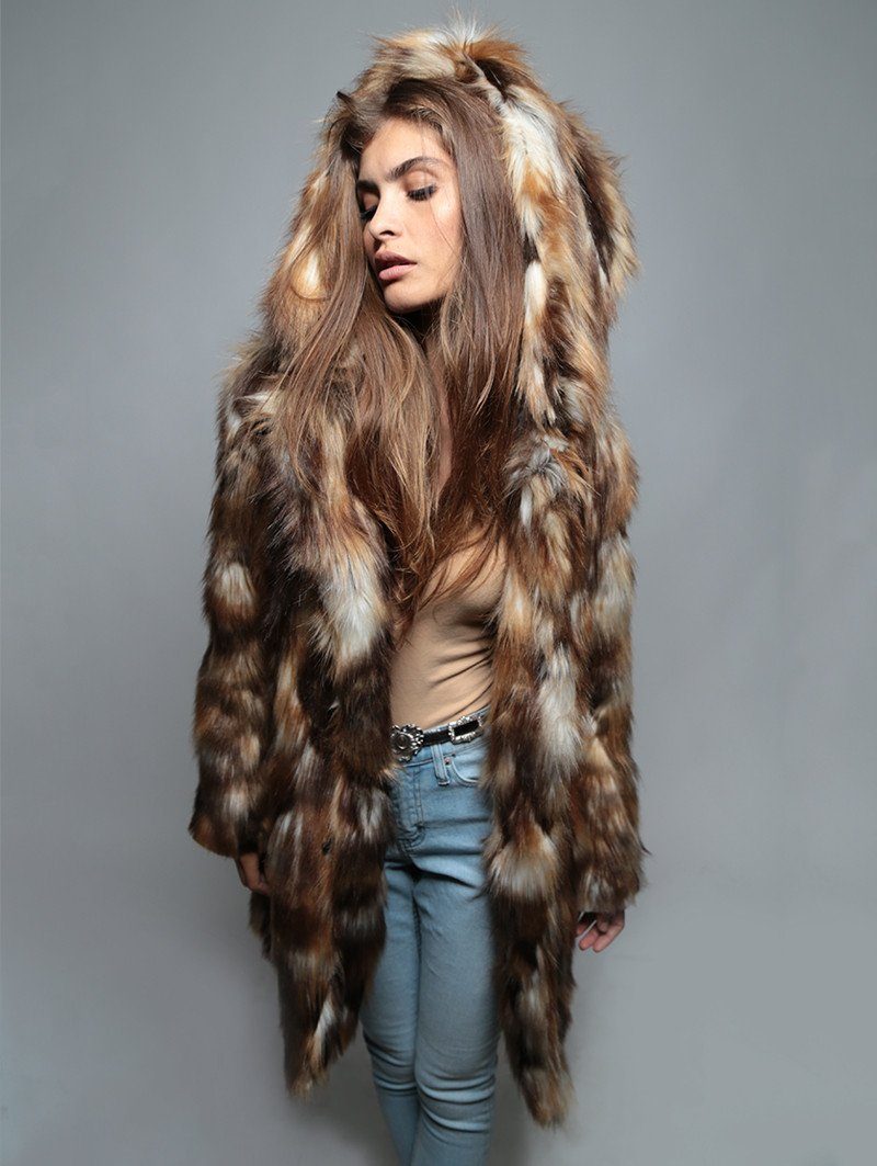 Woman wearing Brown Rabbit Faux Fur Coat SpiritHood