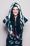 Woman wearing Faux Fur Limited Edition Lapwing Shawl 2.0 SpiritHood, front view 1