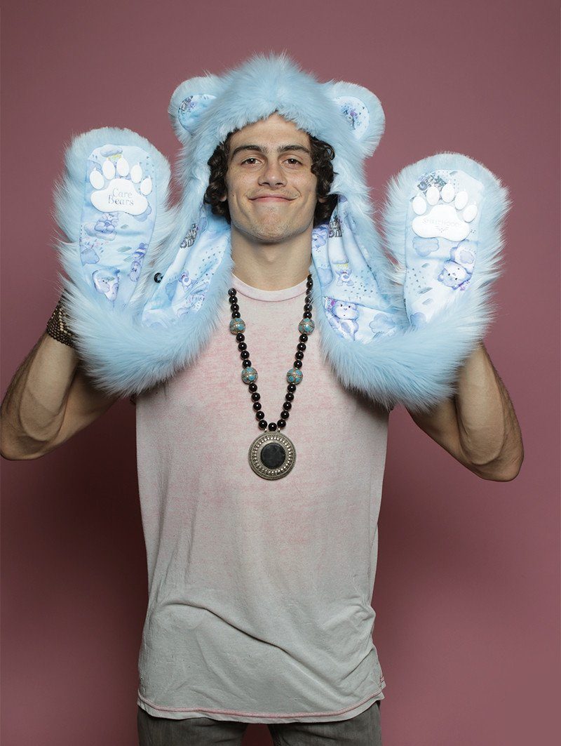 Man wearing faux fur Grumpy Bear Collector Edition SpiritHood, front view 4