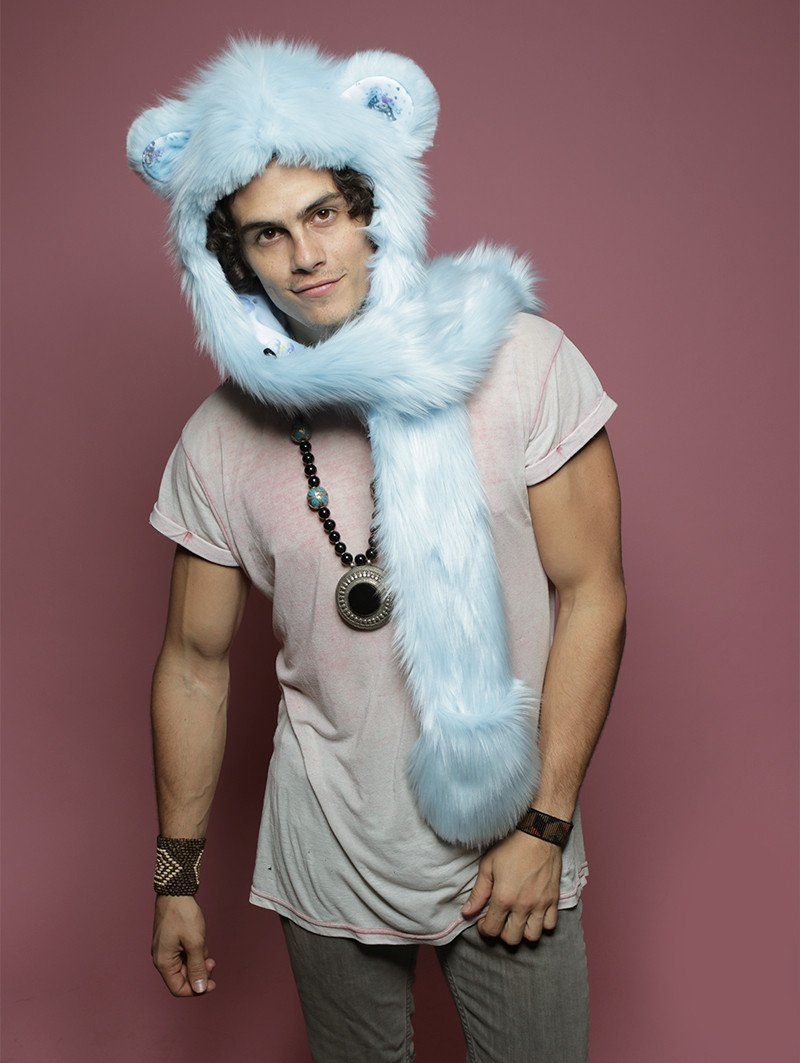 Man wearing faux fur Grumpy Bear Collector Edition SpiritHood, front view