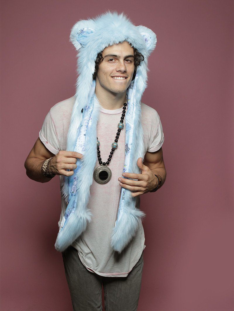 Man wearing faux fur Grumpy Bear Collector Edition SpiritHood, front view 2