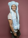 Man wearing faux fur Grumpy Bear Collector Edition SpiritHood