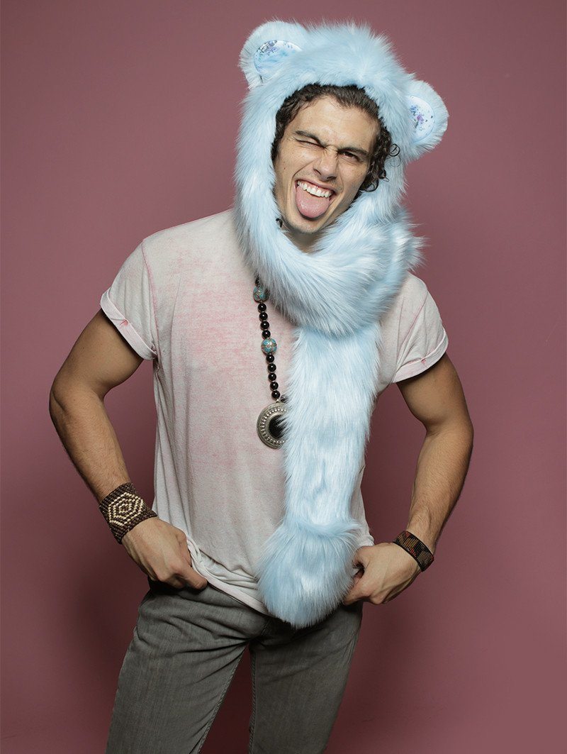 Man wearing faux fur Grumpy Bear Collector Edition SpiritHood, front view 3