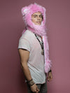 Man wearing faux fur Cheer Bear Collector Edition SpiritHood, side view 1