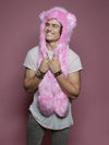 Man wearing faux fur Cheer Bear Collector Edition SpiritHood, side view 2