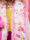 Woman wearing faux fur Cheer Bear Collector Edition SpiritHood, front view 1