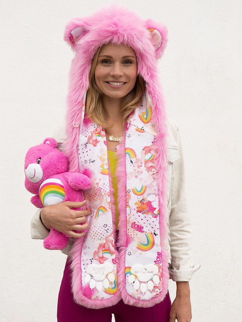 Woman wearing faux fur Cheer Bear Collector Edition SpiritHood, front view 3