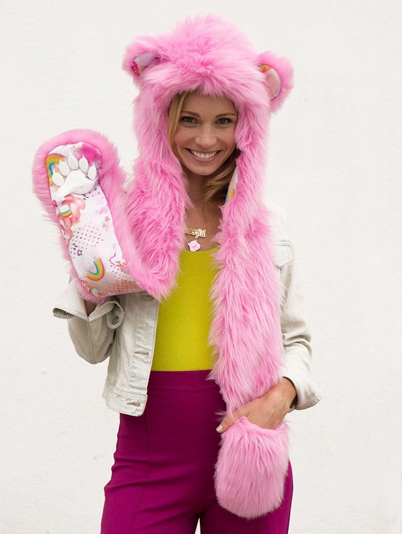 Woman wearing faux fur Cheer Bear Collector Edition SpiritHood, front view 2