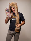 Man wearing faux fur Limited Edition Coyote SpiritHood, front view 1
