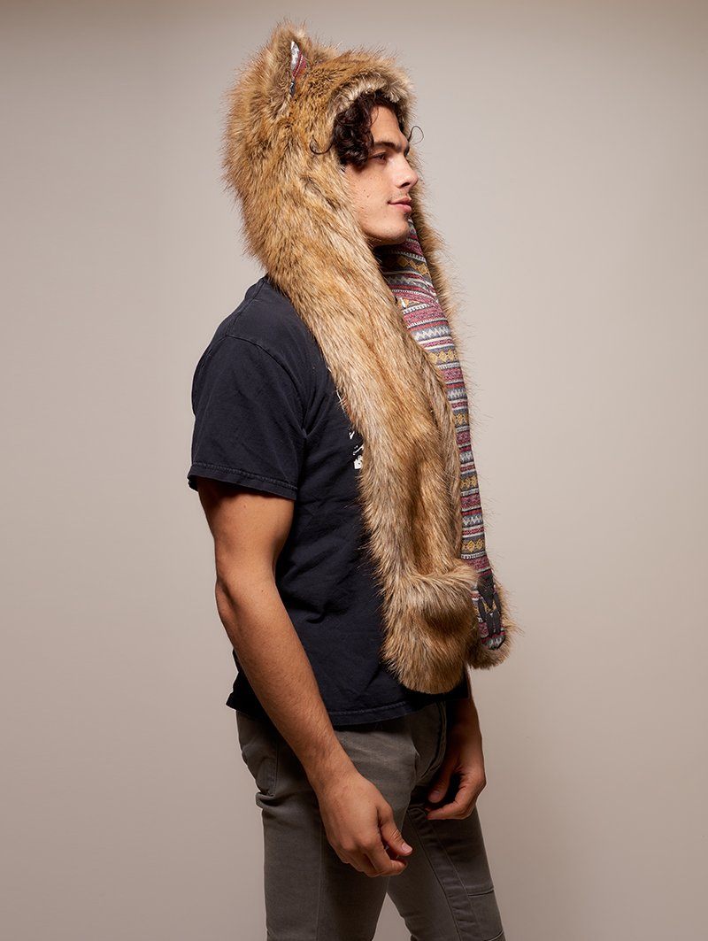Man wearing faux fur Limited Edition Coyote SpiritHood, side view 1