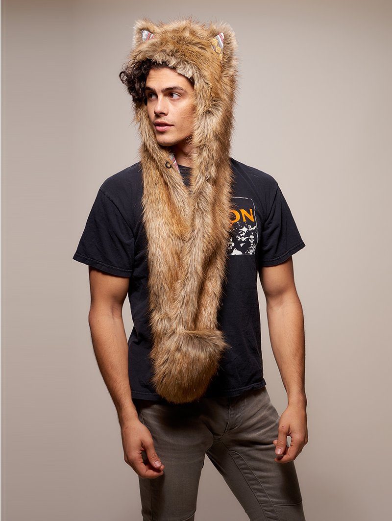 Man wearing faux fur Limited Edition Coyote SpiritHood, side view 2
