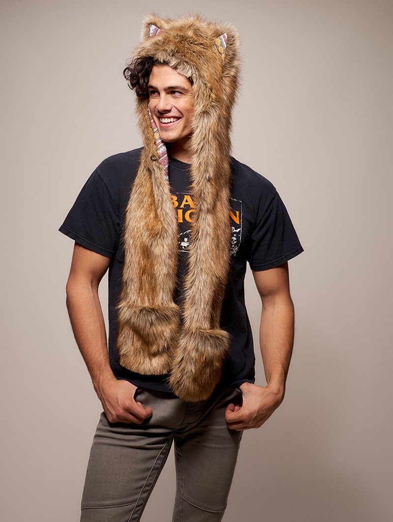 Man wearing faux fur Limited Edition Coyote SpiritHood, side view