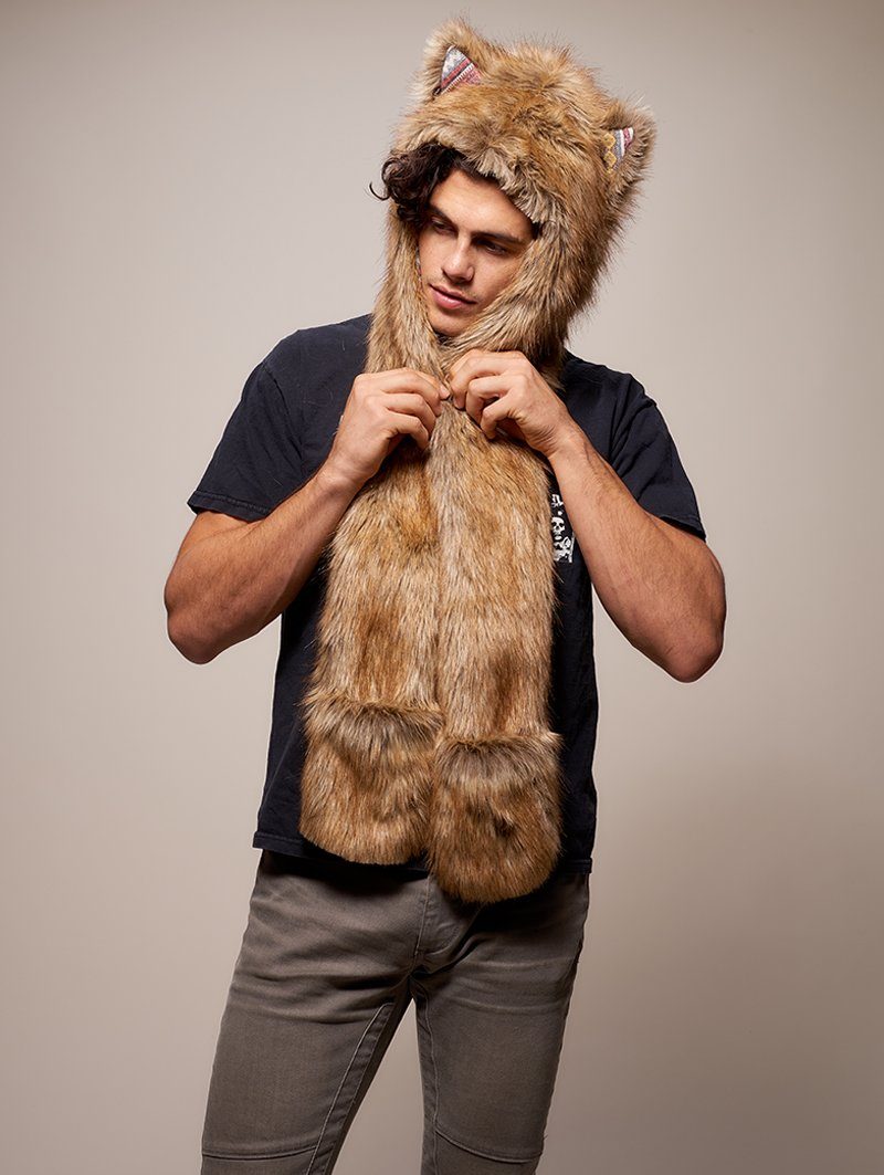 Man wearing faux fur Limited Edition Coyote SpiritHood, front view 2