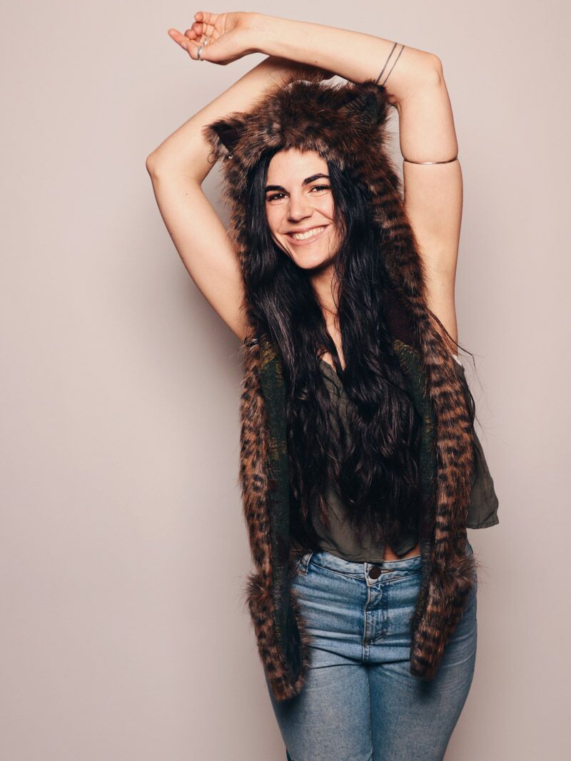 Woman wearing faux fur Collector Edition Savannah Cat SpiritHood, front view