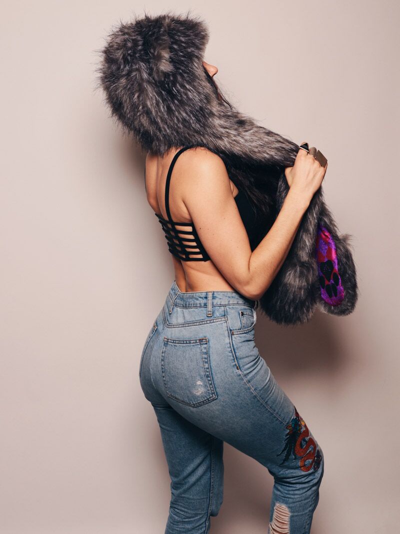 Limited Edition Charcoal Fox Faux Fur with Hood on Female